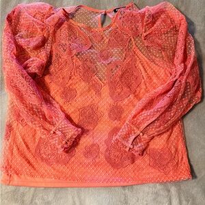 Express Coral Lace Sheer Long-Sleeve Blouse